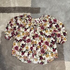 EMALINE Floral‎ Print Smocked Neck Blouse Women's XL White Pink Yellow Burgundy